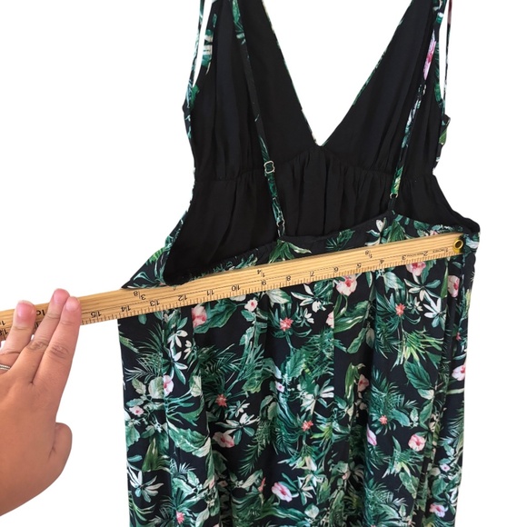 Tropical Floral Midi Maxi Dress Black Green Spaghetti Strap Lined Rayon Medium - Picture 6 of 7